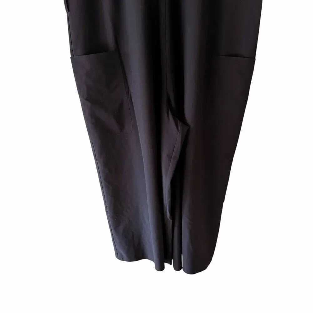 Athleta Jumpsuit Black Wide Leg Y2K  Pockets V Neck Belt Hooks SZ M #2567